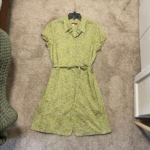 Tape Measure Green Floral Button Up Shirt Dress Womens 12 Boho